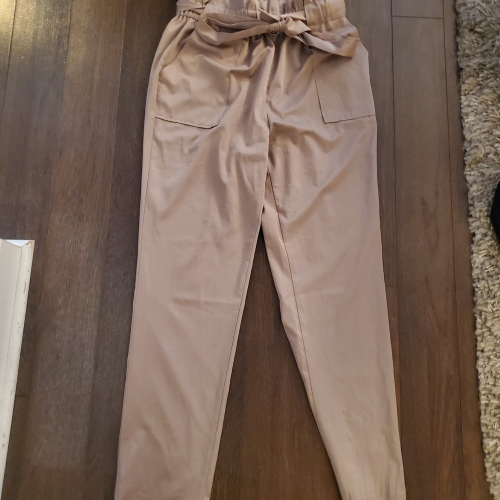 Room Service Tan Slim Leg, High-Waisted Paper Bag Pants